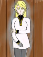 artist:tomeo black_legwear blonde_hair bone character:ceria_springwalker female front_view half-elf hand_on_arm long_ears long_hair looking_at_viewer mage robe skeletal_hand solo standing white_robe yellow_eyes // 1536x2048 // 3.3MB // rating:Safe