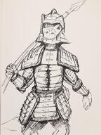 armor artist:mg character:oc drake front_view holding_spear male monochrome sharp_teeth simple_background solo spear spoiler:book1 tail white_background // 2448x3264 // 2.4MB // rating:Safe