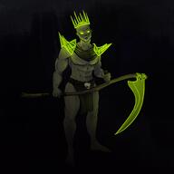 artifact artist:auspiciousoctopi bald barefoot black_background character:fetohep front_view glowing_eyes green_eyes green_skin holding_scythe male muscle navel nipple nipple_(male) scythe simple_background skull solo spoiler:volume8 standing topless undead // 4897x4901 // 880.7KB // rating:Safe