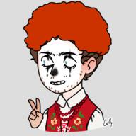 artist:richi bright_skin brown_hair character:thomas clown copyright:picrew copyright:picrew_137904 disembodied_hand earther front_view human jewelry make-up male medium_hair necklace peace_sign red_chestwear red_hair shirt simple_background smile solo spoiler:book6 spoiler:volume4 transparent_background upper_body white_chestwear // 600x600 // 119.7KB // rating:Safe