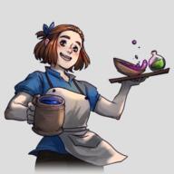 apron arm_raised artist:artsy_nada blue_chestwear blue_fruit_juice blush bowl bright_skin brown_eyes brown_hair brown_legwear character:erin_solstice drink earther female food front_view hairband human innkeeper medium_hair mug open_mouth pants plate potion shirt simple_background smile solo spoiler:book1 transparent_background upper_body // 720x720 // 340.2KB // rating:Safe