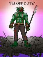 artist:mg bag barefoot belt blood brown_legwear character:relc_grasstongue dead drake front_view gnoll green_scales holding_spear looking_at_viewer lying mace male muscle open_mouth pants quote red_eyes sharp_nails sharp_teeth spear standing sword topless // 1275x1650 // 831.9KB // rating:Questionable