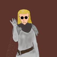 adventurer arm_raised armor artist:nenka belt blonde_hair bright_skin brown_background byres chainmail character:yvlon_byres female front_view frown grey_chestwear grey_legwear human lady long_hair nobility silver simple_background siver skill_display solo spoiler:volume7 sunglasses upper_body warrior // 600x600 // 113.8KB // rating:Safe