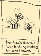 animal artist:gridcube ashfire_bee bee character:oc fire group marchinn marchinn_2023 meta:tagspoiler monochrome simple_background smile spoiler:volume6 stinger text trio wing yellow_background // 773x1051 // 276.4KB // rating:Safe