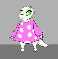 artist:saladan0 barefoot character:visma child drake dress female front_view green_eyes green_scales grey_background pink_dress simple_background solo spoiler:volume7 standing tail white_scales // 3648x3704 // 802KB // rating:Safe