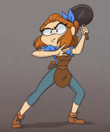 apron artist:vulpy_doodle_studios blue_chestwear blue_legwear boots bright_skin brown_footwear brown_hair character:erin_solstice earther female front_view frown frying_pan grey_background headband holding_frying_pan human innkeeper jeans medium_hair shirt simple_background solo spoiler:book1 standing // 1000x1200 // 580.6KB // rating:Safe