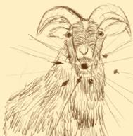 animal artist:gridcube black_hole eater_goat front_view goat horn looking_at_viewer monochrome simple_background solo spoiler:volume8 void_goat yellow_background // 1194x1211 // 1.2MB // rating:Safe