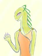 artist:tomeo character:selys_shivertail drake dress female front_view green_scales looking_at_viewer orange_dress pink_eyes sharp_nails sharp_teeth simple_background solo yellow_background // 1536x2048 // 4.0MB // rating:Safe