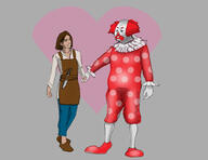 apron artist:mg blue_legwear bright_skin brown_footwear brown_hair character:erin_solstice character:thomas clown duo earther female front_view grey_background heart holding_hands human innkeeper knife make-up male medium_hair pants red_footwear red_hair red_legwear red_paint shoes simple_background smile spoiler:book6 spoiler:volume4 standing sweatshirt white_legwear white_paint // 3300x2550 // 1.3MB // rating:Safe