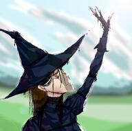 arm_raised artist:johndoe bandages black_handwear blue_headwear blue_robe bright_skin character:belavierr cloud female frown grass hat human long_hair looking_up needle outside plant robe side_view sky solo spoiler:book12 spoiler:volume6 thread upper_body witch witch_hat yellow_eyes // 1620x1611 // 369.2KB // rating:Safe