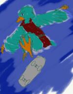 artist:gridcube beak blue_background blue_eyes character:oc flying garuda green_feather red_chestwear riding_skateboard skateboard wing // 1023x1320 // 1.2MB // rating:Safe
