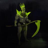 artifact artist:auspiciousoctopi bald barefoot black_background character:fetohep front_view glowing_eyes green_eyes green_skin holding_scythe male muscle nipple nipple_(male) scythe skull solo spoiler:volume8 standing topless undead // 5130x5134 // 16.0MB // rating:Safe