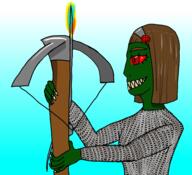 armor artist:haanss blue_background bolt brown_hair chainmail character:rags crossbow female flower goblin green_skin grey_chestwear holding_crossbow medium_hair red_eyes sharp_nails sharp_teeth side_view smile solo spoiler:volume3 upper_body // 7696x7015 // 8.2MB // rating:Safe