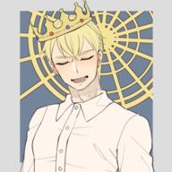 artist:tomeo blonde_hair blue_background bright_skin character:laken_godart closed_eyes copyright:picrew copyright:picrew_13338 crown earther emperor front_view human jewelry light male nobility open_mouth shirt short_hair simple_background solo spoiler:volume3 upper_body white_chestwear // 600x600 // 199.1KB // rating:Safe