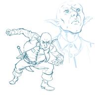 artist:tobinkusuma bald belt boots character:oc front_view goblin jacket long_ears looking_at_viewer male monochrome pants sharp_nails shirt simple_background solo standing sword white_background // 2048x2048 // 357.3KB // rating:Safe