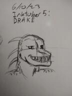artist:justaguywithabeanie caption character:oc drake front_view head_only male meta:inntober meta:inntober_2023 monochrome pencil_art prompt5 prompt_drake sharp_teeth simple_background smile solo text white_background // 3120x4160 // 495.9KB // rating:Safe