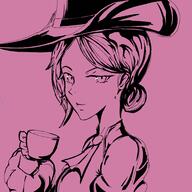 arm_raised artist:chalyon character:haru_okumura character:lyonette_du_marquin copyright:persona copyright:persona_5 cosplay cup female hat looking_at_viewer medium_hair meta:crossover monochrome nobility pink_background princess side_view simple_background smile solo spoiler:book2 upper_body // 5000x5000 // 428.5KB // rating:Safe