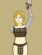 adventurer arm_raised armor artist:haanss blonde_hair blood blue_eyes brown_chestwear brown_legwear byres character:yvlon_byres female front_view frown holding_sword human lady leather_armor long_hair missing_arm navel nobility pale_skin simple_background skill_display solo spoiler:volume8 standing sword warrior yellow_background // 2550x3300 // 887.9KB // rating:Questionable
