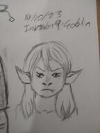 artist:justaguywithabeanie caption character:oc female front_view goblin head_only long_ears long_hair looking_at_viewer meta:inntober meta:inntober_2023 monochrome pencil_art prompt9 prompt_goblin sharp_teeth simple_background solo spoiler:book1 text white_background // 3120x4160 // 561.0KB // rating:Safe