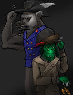 arm_raised artist:mg black_background black_headwear blue_chestwear bottomless brown_chestwear brown_headwear character:ratici character:wilovan coat drake duo feather gnoll green_scales grey_fur hat jewelry looking_at_viewer male muscle orange_eyes red_feather sharp_nails sharp_teeth simple_background spoiler:volume7 standing thief thug upper_body vest white_feather // 2550x3300 // 1.9MB // rating:Safe