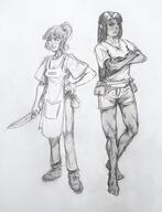 apron artist:deepsikk barefoot character:erin_solstice character:ryoka_griffin classless duo earther female front_view holding_knife hotpants human innkeeper knife long_hair looking_at_viewer medium_hair pants ponytail shirt shoes spoiler:book1 // 2448x3200 // 1.3MB // rating:Safe