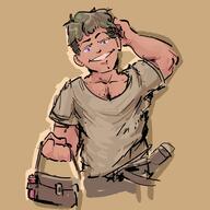 adventurer arm_raised artist:brack bag belt brown_background brown_hair character:colthei chesthair front_view green_hair grin hand_on_head human looking_at_viewer male muscle potion purple_eyes short_hair simple_background smile solo spoiler:volume9 toned_skin upper_body // 3000x3000 // 1.8MB // rating:Safe