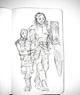 armor artist:mg boots character:durene character:laken_godart duo earther emperor female front_view half-troll holding_shield human male monochrome nobility paladin pants shield short_hair simple_background spoiler:book3 spoiler:volume3 sword walking white_background // 2448x2887 // 2.3MB // rating:Safe