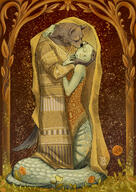 artist:artsy_nada bottomless brown_background brown_fur character:elirr_fultpar character:hexel_quithail closed_eyes duo flower gnoll grass green_scales hug kiss lamia lizardfolk male plant robe side_view standing tail yellow_robe // 848x1200 // 714.9KB // rating:Safe