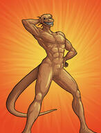 adventurer arm_raised artist:lechatdemon censored character:saliss_oliwing drake front_view hand_on_head male muscle navel nude orange_background sharp_nails sharp_teeth smile solo spoiler:volume6 standing tail yellow_scales // 1335x1755 // 840.7KB // rating:Questionable