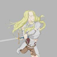 armor artist:anito attack blonde_hair blood brown_legwear byres character:yvlon_byres female front_view grey_background holding_sword human lady long_hair looking_up missing_leg nobility open_mouth pants simple_background solo sword // 2000x2000 // 1.1MB // rating:Safe