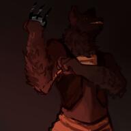 arm_raised artist:lire bandages brown_background brown_chestwear brown_eyes brown_fur brown_legwear character:bearclaw female front_view gnoll looking_at_viewer looking_down meta:tagobj sharp_nails sharp_teeth smile solo spoiler:book14 spoiler:volume6 standing vest // 1024x1024 // 406.3KB // rating:Safe