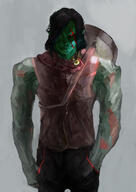 artist:mencret bare_shoulders black_hair black_legwear brown_chestwear character:numbtongue front_view goblin green_skin grey_background guitar instrument long_ears looking_at_viewer male medium_hair muscle musician pants red_eyes red_paint redfang_five redfang_tribe simple_background smile solo spoiler:book8 spoiler:volume5 standing // 900x1273 // 221.6KB // rating:Safe
