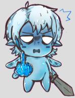 artist:bobo_plushie blue_hair blue_skin blush chibi front_view frost_faery frown holding_sword medium_hair middle_finger no_pupils nude simple_background solo spoiler:volume7 standing sword transparent_background white_eyes wing // 529x685 // 389.6KB // rating:Safe