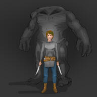 adventurer artist:mg bag black_background blue_legwear boots bright_skin brown_footwear brown_hair chainmail character:colthei character:snatcher duo front_view green_eyes green_hair grey_chestwear grey_skin holding_knife human knife looking_at_viewer male pants potion sharp_nails smile spoiler:volume9 // 3000x3000 // 1.7MB // rating:Safe
