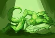 artist:lire blanket character:relc_grasstongue drake front_view green_background green_scales lying lying_on_side male muscle nude sharp_nails sharp_teeth solo tail tongue_out yellow_eyes // 1000x700 // 654.5KB // rating:Questionable