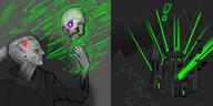 artist:mg black_eyes black_robe building castle character:az'kerash character:toren exclamation_mark glowing_eyes grey_background mage male meta:tagme mountain necromancer purple_eyes robe side_view skull sky undead vein // 2304x1152 // 1.0MB // rating:Safe