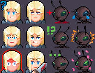 adventurer antinium armor artist:zelanters aura blonde_hair blood blue_eyes blush bright_skin byres character:ksmvr character:yvlon_byres duo exclamation_mark free_antinium front_view frown green_eyes grey_background grey_chestwear holding_sword human lady long_hair petal pixel_art question_mark simple_background sparkle spoiler:book1 sword tear upper_body warrior // 390x300 // 166.0KB // rating:Safe