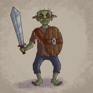 artist:painterinthesky barefoot blue_legwear brown_chestwear character:rags earring female front_view goblin green_skin grey_background holding_shield holding_sword jewelry long_ears looking_at_viewer pants red_eyes sharp_teeth shield shirt short_hair simple_background solo spoiler:book1 standing sword // 5000x5000 // 3.9MB // rating:Safe
