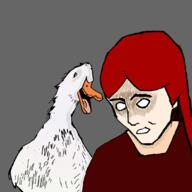 animal artist:lordrfg beak bird_(animal) bright_skin character:pirateaba duck front_view grey_background long_hair looking_down no_pupils open_mouth red_chestwear red_hair simple_background twi_community upper_body white_feather // 1080x1080 // 224.5KB // rating:Safe