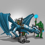 animal artist:mg barefoot blue_scales brown_legwear carn_wolf character:rags character:redscar crossbow female frost_wyvern glowing_eyes goblin grey_background grey_fur holding_staff lying magic male ogre potion red_eyes riding simple_background sitting spoiler:volume7 staff standing topless wing wolf wyvern yellow_eyes // 750x750 // 331.7KB // rating:Safe