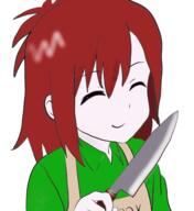 apron arm_raised artist:drakage character:erin_solstice closed_eyes earther female front_view holding_knife human innkeeper knife medium_hair red_hair simple_background smile solo spoiler:book1 upper_body white_background // 1340x1465 // 896KB // rating:Safe