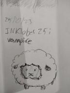 animal artist:justaguywithabeanie caption character:oc front_view meta:inntober meta:inntober_2023 monochrome no_pupils pencil_art prompt25 prompt_vampire sariant_lamb sheep simple_background solo spoiler:volume8 standing text white_background // 3120x4160 // 448.1KB // rating:Safe