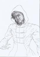 artist:lechatdemon black_eyes character:az'kerash hood looking_at_viewer male monochrome robe simple_background solo upper_body white_background // 1395x1968 // 3.5MB // rating:Safe