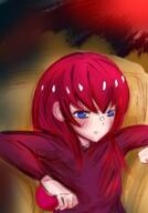 apple arm_raised artist:bobo_plushie blue_eyes blush bright_skin character:pirate food front_view frown fruit long_hair red_chestwear red_hair sweatshirt // 1668x2388 // 5.8MB // rating:Safe