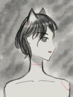 alterkin artist:tomeo cat_ears character:revi female front_view grey_background head_only medium_hair monochrome nude smile solo spoiler:book2 stitch-folk stitches thread // 1536x2048 // 3.6MB // rating:Safe