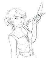 arm_raised artist:lucerod15 character:erin_solstice dress earther female front_view holding_knife innkeeper knife medium_hair monochrome pointing simple_background smile solo spoiler:book1 upper_body vest white_background // 1998x2431 // 494.9KB // rating:Safe