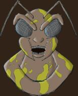 antinium artist:gridcube brown_background character:yellow_splatters free_antinium front_view grey_eyes head_only sexless sharp_teeth simple_background smile soldier solo spoiler:book5 spoiler:volume4 yellow_paint // 1173x1452 // 879.4KB // rating:Safe