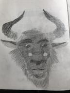 artist:erenalio character:oc front_view glasses head_only horn looking_at_viewer minotaur monochrome simple_background solo spoiler:book1 white_background // 3024x4032 // 2.1MB // rating:Safe