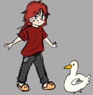 animal artist:asm-art bird bird_(animal) black_eyes black_legwear blue_eyes blush bright_skin character:pirate character:pirateaba duck duo front_view grey_background jeans long_hair looking_at_viewer red_chestwear red_hair shirt side_view simple_background slippers smile twi_community white_feather yellow_footwear // 651x669 // 165.4KB // rating:Safe