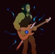 artist:pkay black_background black_hair brown_legwear character:numbtongue glowing_eyes goblin guitar holding_instrument instrument lightning long_ears male medium_hair muscle musician playing_instrument red_eyes sharp_teeth side_view simple_background smile solo standing sword // 1000x977 // 406.8KB // rating:Safe